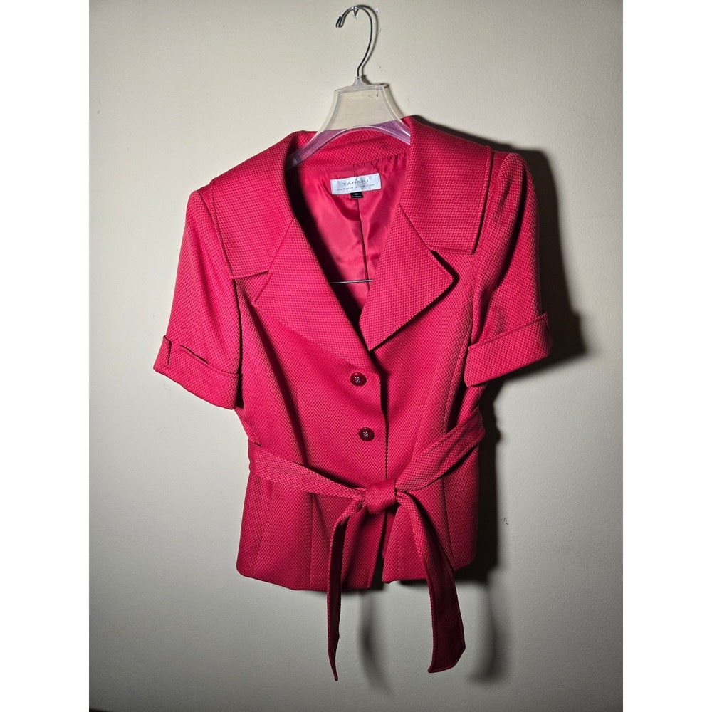 Tahari Skirt Suit Women 12 Red Excellent Short Sleeve Blazer Belted Pencil Skirt - Picture 4 of 13